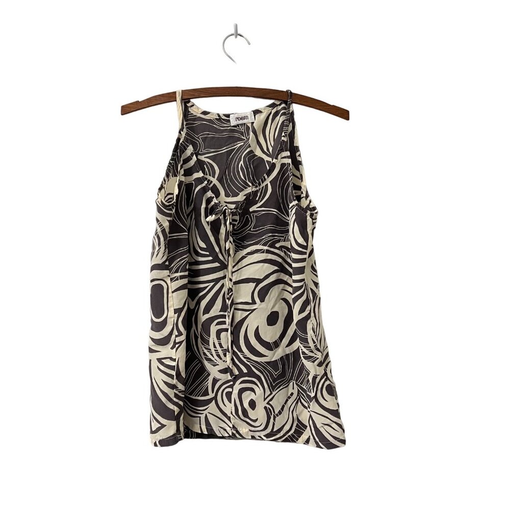 Roam Womens Cream Brown Silk Swirl Pattern Front Tie Tank Blouse Size Small